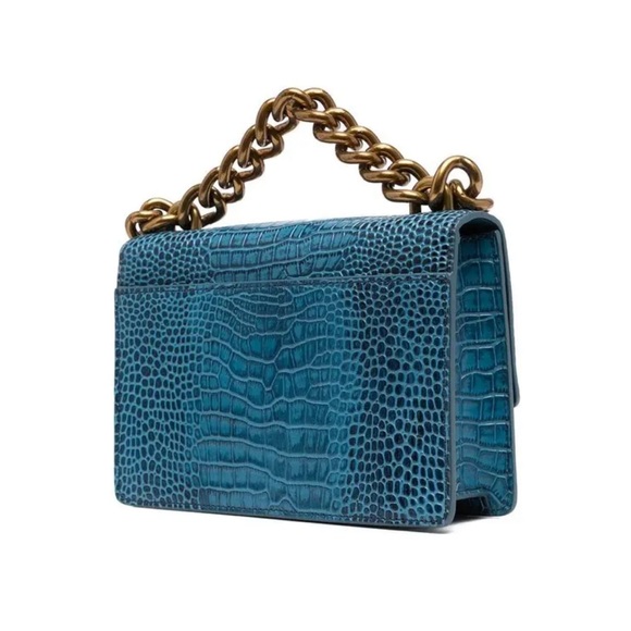 Kurt Geiger Shoreditch Croc Blue Leather Azure Gold Chain Crossbody Small Bag - Picture 2 of 6